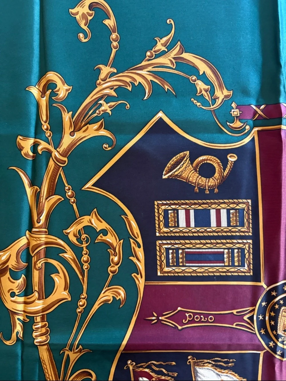 Vintage Polo Ralph Lauren Heraldic Silk Scarf - Teal, Navy, Gold, Burgundy